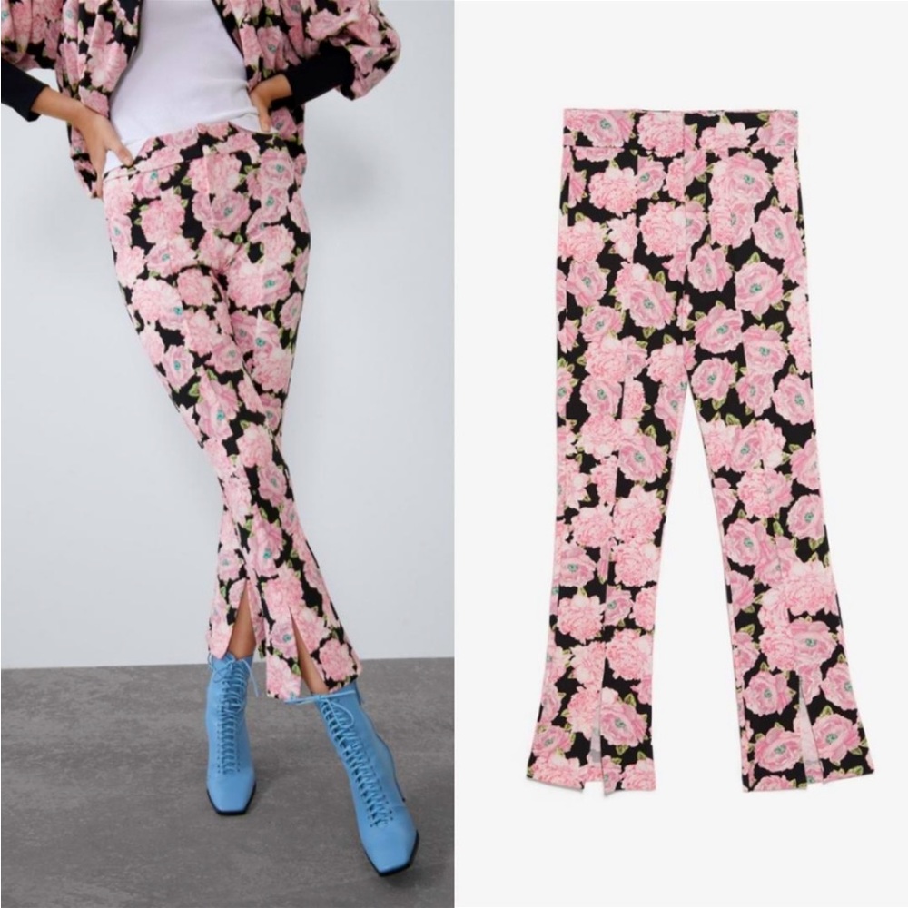 Zara Floral Print Front Slit Skinny Pants Pink Black NEW